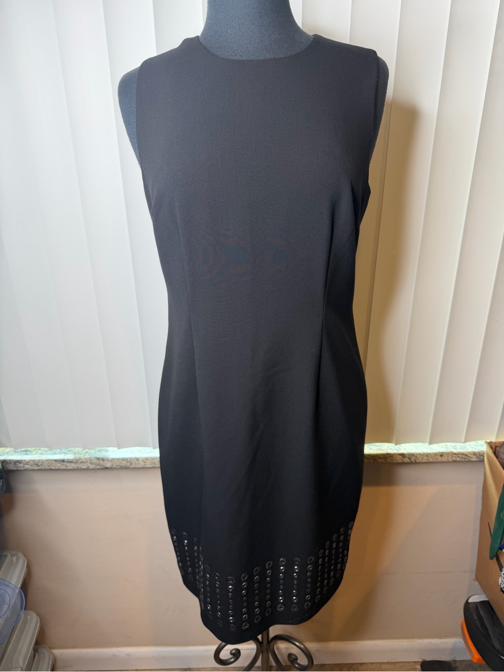 Calvin Klein Classic Black Sleeveless Dress with Eyelet Studded Hem Size 8